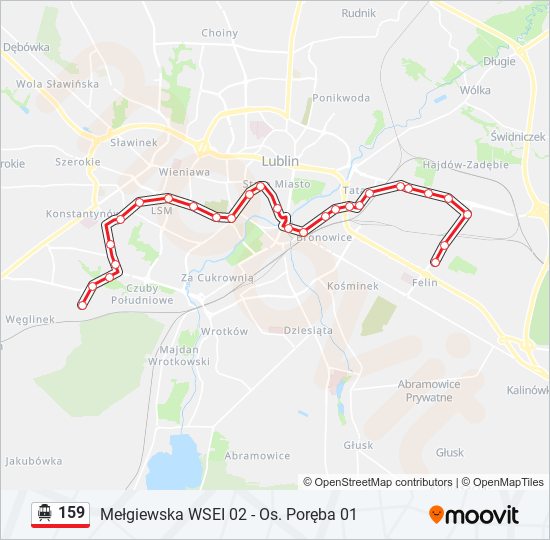 Mapa linii tramwaj linowy 159