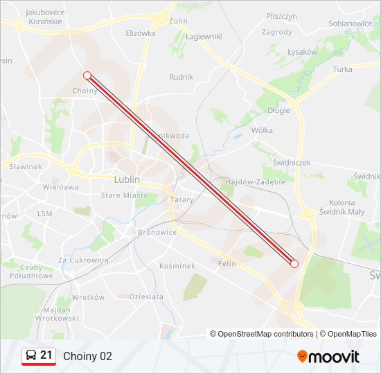 Mapa linii autobus 21