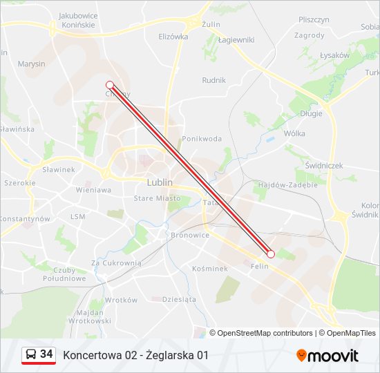 Mapa linii autobus 34
