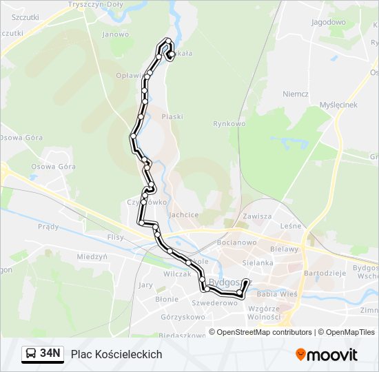 Mapa linii autobus 34N