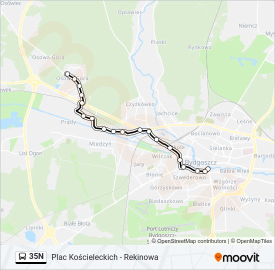 Mapa linii autobus 35N