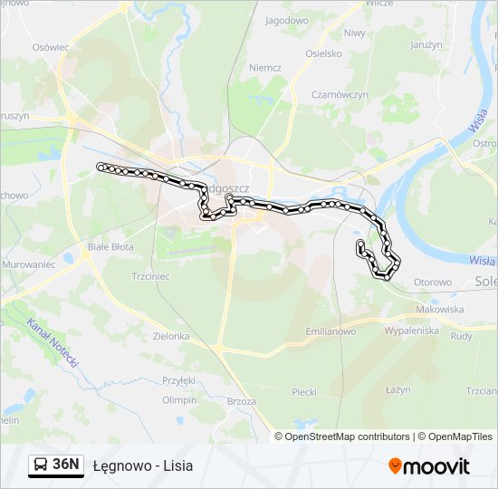 Mapa linii autobus 36N