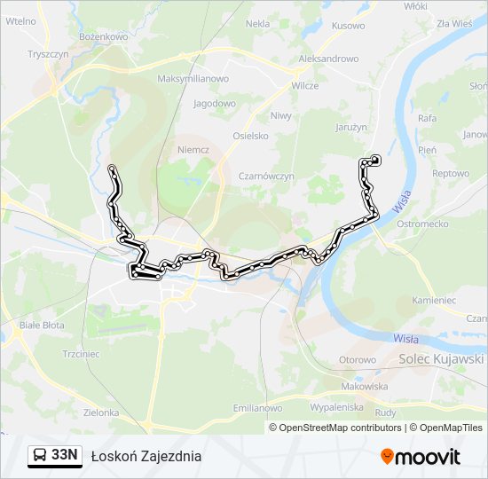 Mapa linii autobus 33N