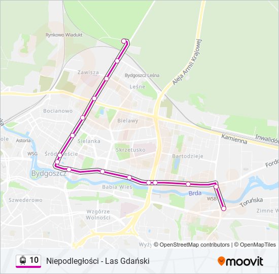 Mapa linii tramwaj 10