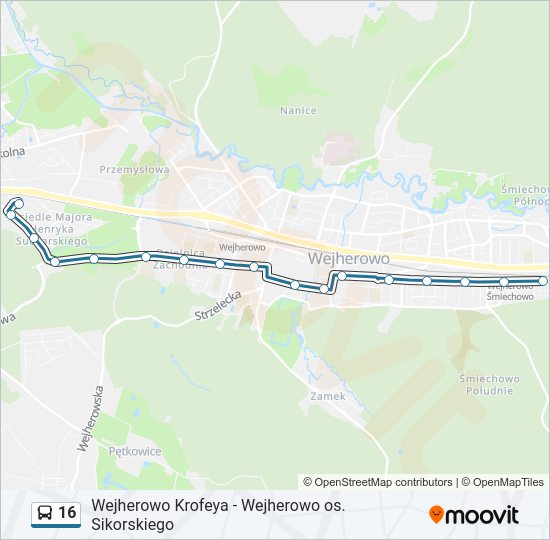Mapa linii autobus 16