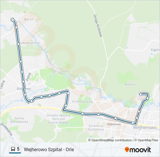 Mapa linii autobus 5