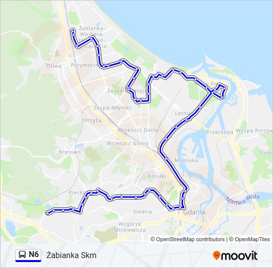 Mapa linii autobus N6