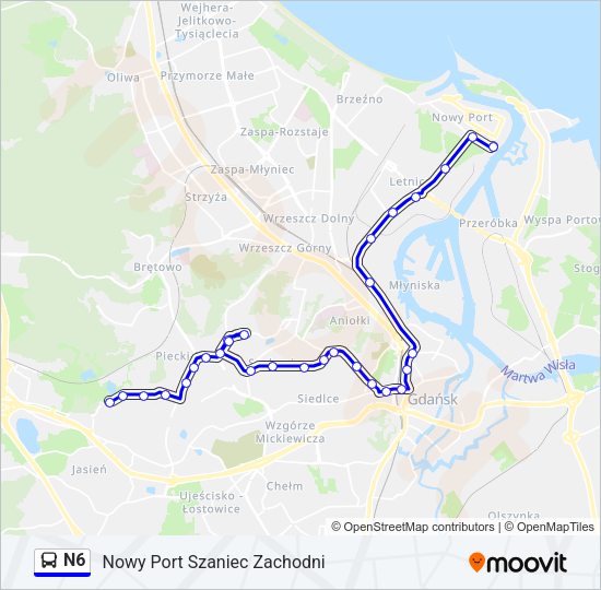 Mapa linii autobus N6