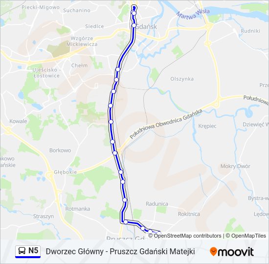 Mapa linii autobus N5