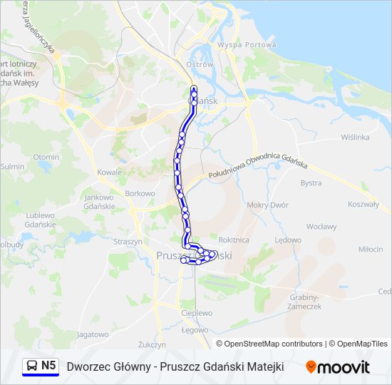 Mapa linii autobus N5