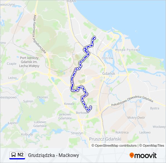 Mapa linii autobus N2