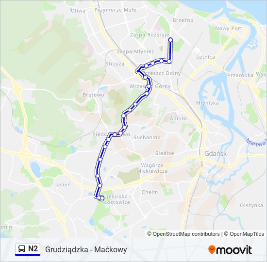 Mapa linii autobus N2