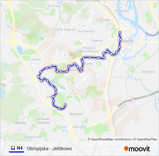 Mapa linii autobus N4