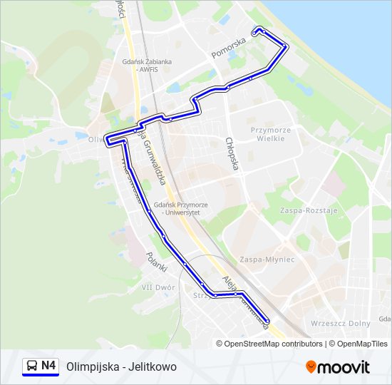 Mapa linii autobus N4