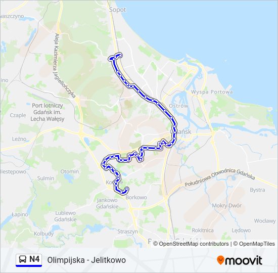 Mapa linii autobus N4