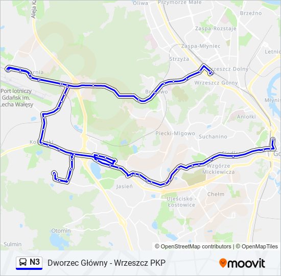 Mapa linii autobus N3