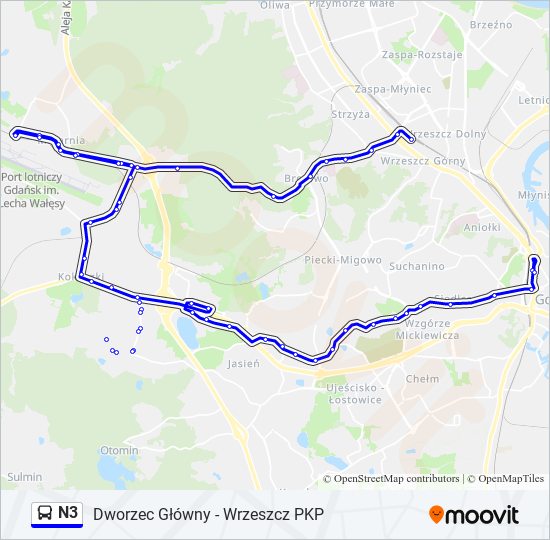 Mapa linii autobus N3