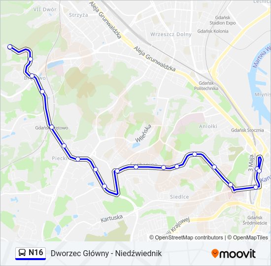 Mapa linii autobus N16