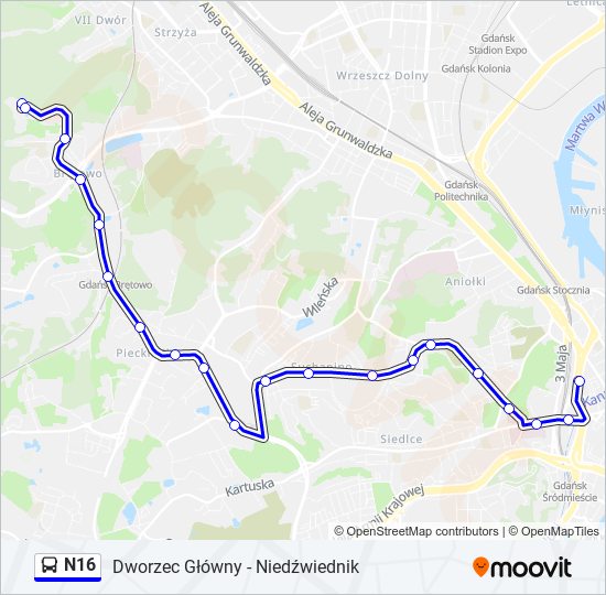 Mapa linii autobus N16