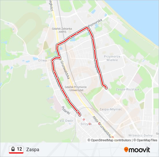 Mapa linii tramwaj 12