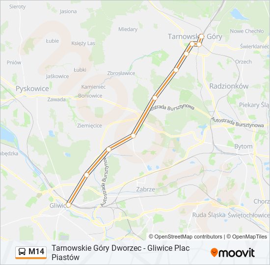 Mapa linii autobus M14