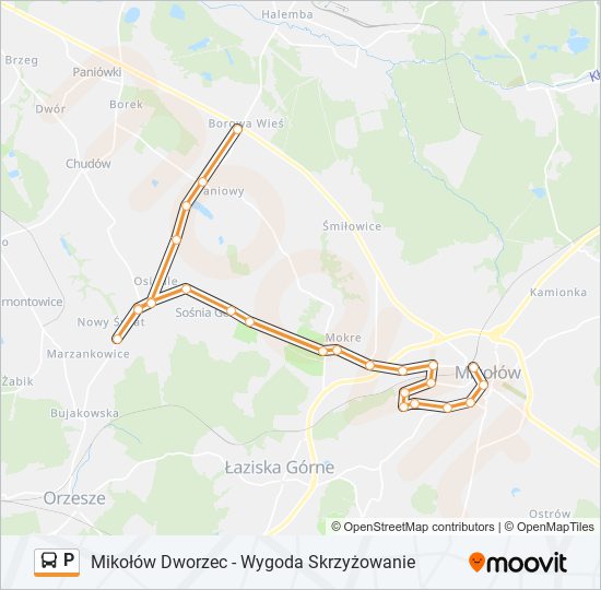 Mapa linii autobus P