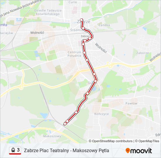 Mapa linii tramwaj 3