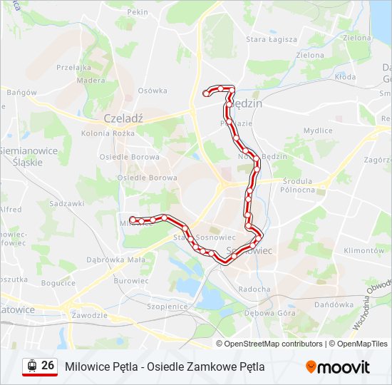 Mapa linii tramwaj 26