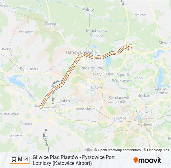 Mapa linii autobus M14