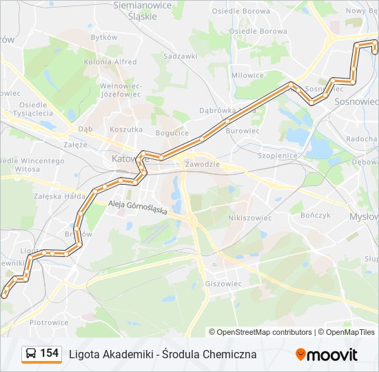 Mapa linii autobus 154