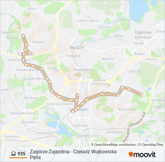 Mapa linii autobus 935