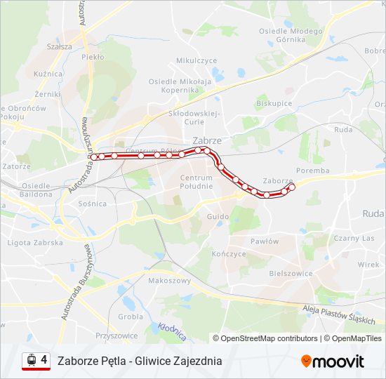 Mapa linii tramwaj 4