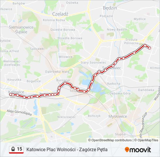 Mapa linii tramwaj 15