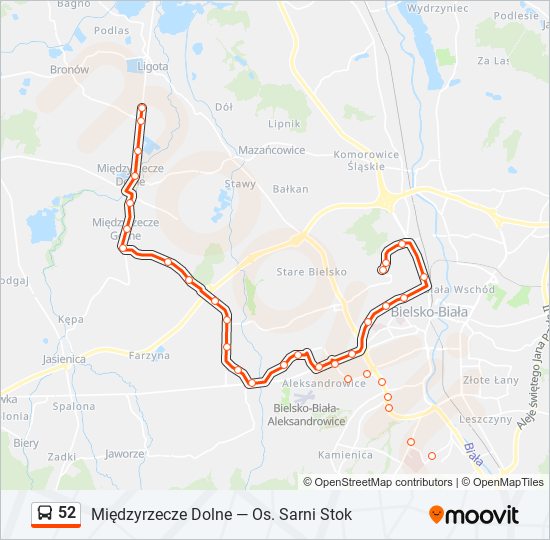 Mapa linii autobus 52