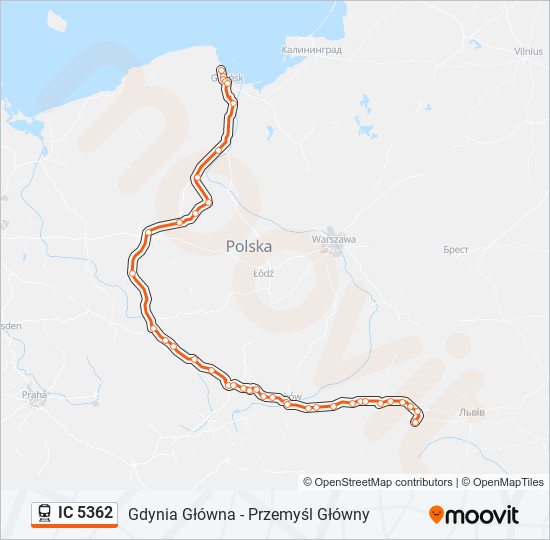 Mapa linii kolej IC 5362