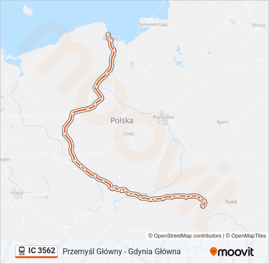 Mapa linii kolej IC 3562