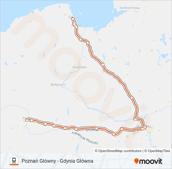 Mapa linii kolej IC 75124