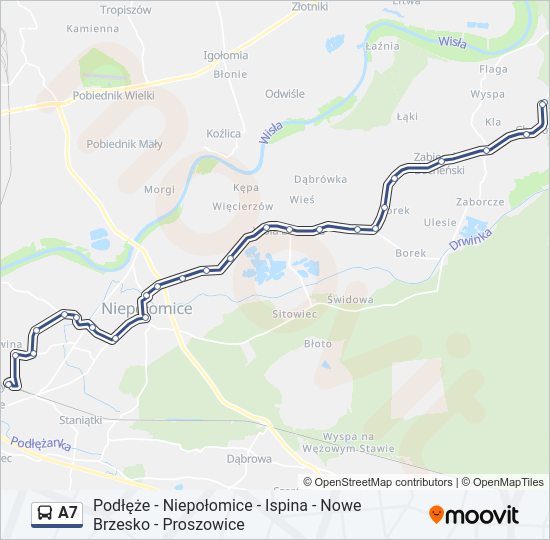 Mapa linii autobus A7