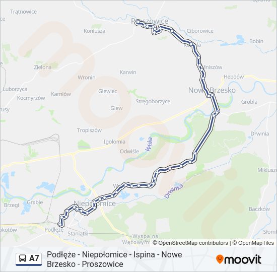 Mapa linii autobus A7