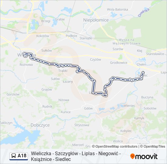 Mapa linii autobus A18