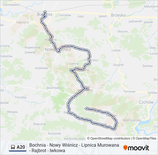 Mapa linii autobus A20