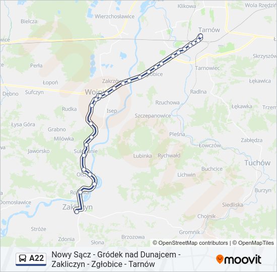 Mapa linii autobus A22