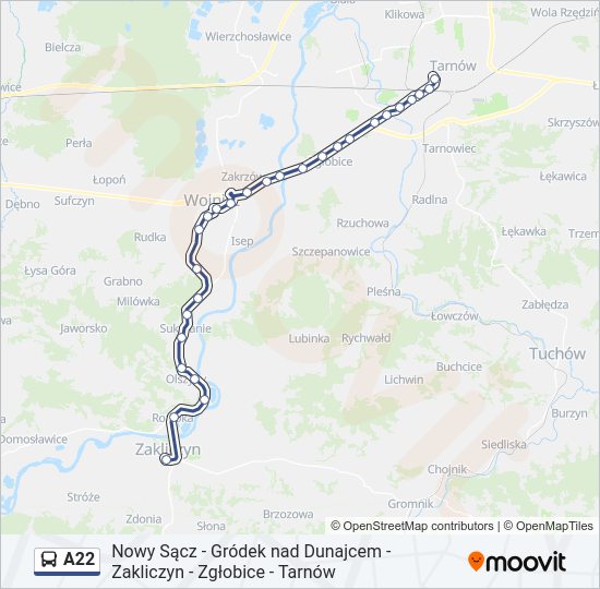 Mapa linii autobus A22