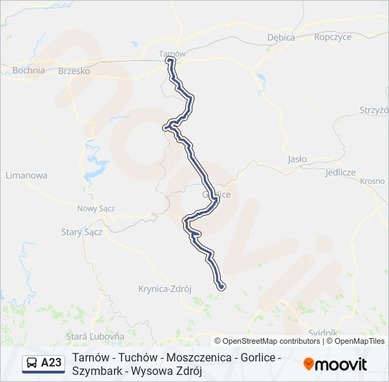 Mapa linii autobus A23