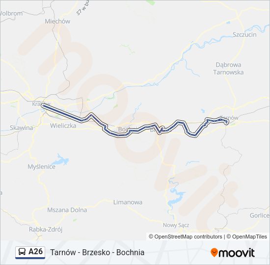 Mapa linii autobus A26