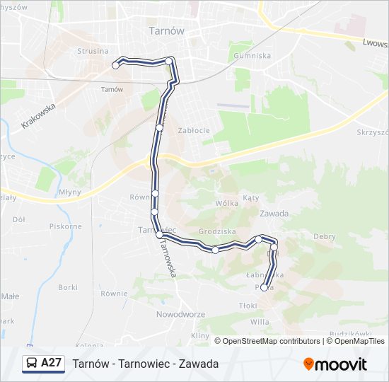 Mapa linii autobus A27