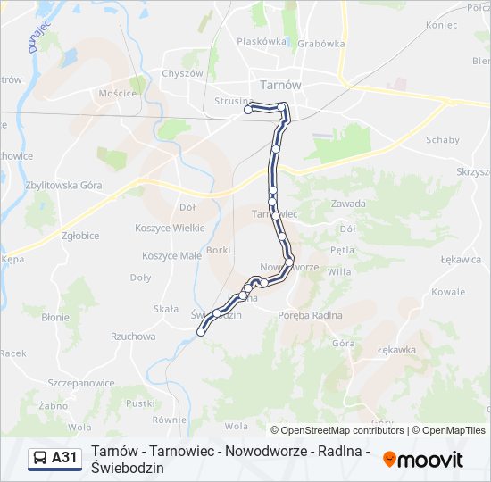 Mapa linii autobus A31