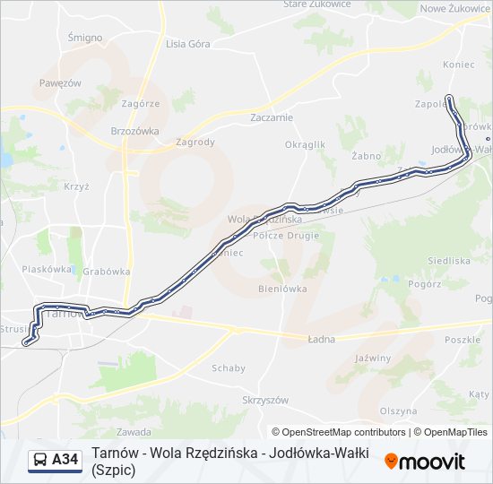 Mapa linii autobus A34