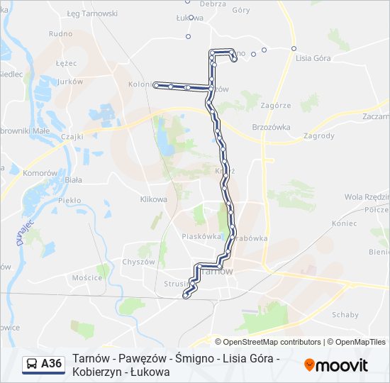 Mapa linii autobus A36