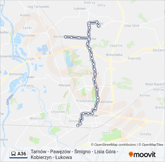 Mapa linii autobus A36